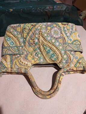 Vera Bradley Quilted Floral Paisley Handbag Double Handles Yellow, Teal, Brown